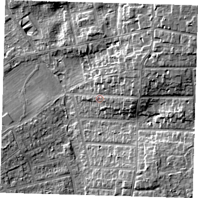 Shaded relief map of the ground around BR12EX, computed from Environment Agency LiDAR. The ground here sits at about 60 m above sea level and falls 16 m across the surrounding 800 m. Surface water reaching this point runs off ground lying to the east-north-east, 7.0 m higher.