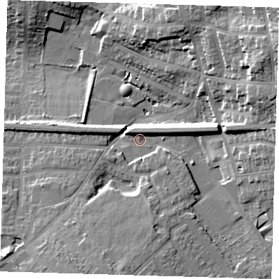 Shaded relief map of the ground around BR12QX, computed from Environment Agency LiDAR. The ground here sits at about 54 m above sea level and falls 21 m across the surrounding 800 m. Surface water reaching this point runs off ground lying to the east, 9.2 m higher.