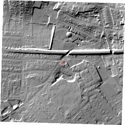 Shaded relief map of the ground around BR12RA, computed from Environment Agency LiDAR. The ground here sits at about 54 m above sea level and falls 19 m across the surrounding 800 m. Surface water reaching this point runs off ground lying to the south, 8.1 m higher.