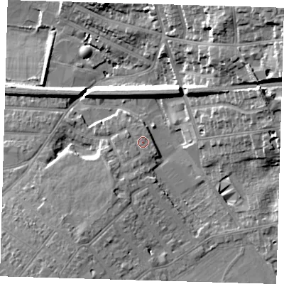 Shaded relief map of the ground around BR12RB, computed from Environment Agency LiDAR. The ground here sits at about 56 m above sea level and falls 23 m across the surrounding 800 m. Surface water reaching this point runs off ground lying to the south-south-west, 1.5 m higher.