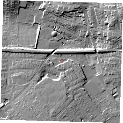 Shaded relief map of the ground around BR12WD, computed from Environment Agency LiDAR. The ground here sits at about 53 m above sea level and falls 21 m across the surrounding 800 m. Surface water reaching this point runs off ground lying to the south-south-east, 3.6 m higher.