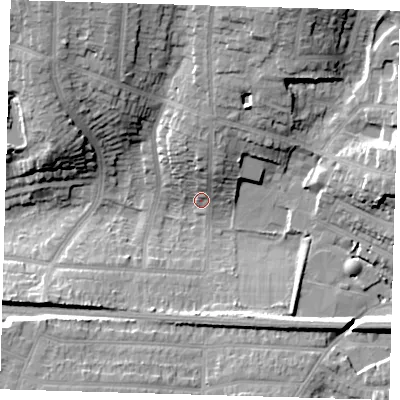 Shaded relief map of the ground around BR13ES, computed from Environment Agency LiDAR. The ground here sits at about 51 m above sea level and falls 20 m across the surrounding 800 m. Surface water reaching this point runs off ground lying to the north, 9.7 m higher.