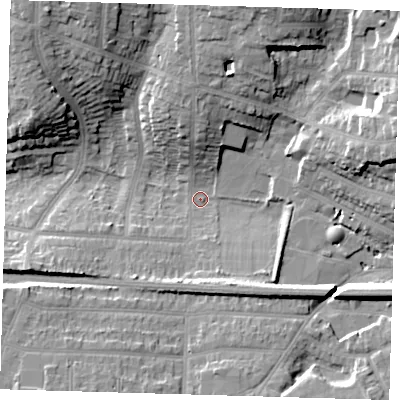 Shaded relief map of the ground around BR13ET, computed from Environment Agency LiDAR. The ground here sits at about 49 m above sea level and falls 18 m across the surrounding 800 m. Surface water reaching this point runs off ground lying to the north-north-east, 15.1 m higher.