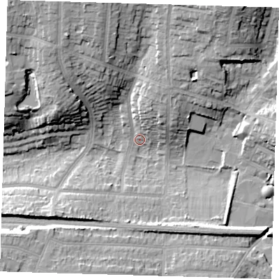 Shaded relief map of the ground around BR13EX, computed from Environment Agency LiDAR. The ground here sits at about 50 m above sea level and falls 21 m across the surrounding 800 m. Surface water reaching this point runs off ground lying to the north-north-east, 18.0 m higher.