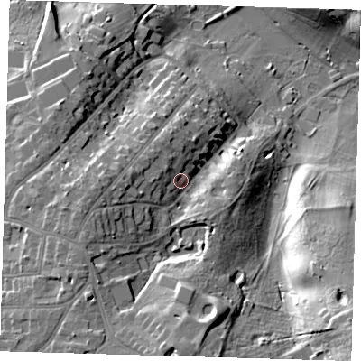 Shaded relief map of the ground around BR13ND, computed from Environment Agency LiDAR. The ground here sits at about 61 m above sea level and falls 33 m across the surrounding 800 m. Surface water reaching this point runs off ground lying to the west-south-west, 13.0 m higher.