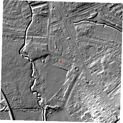 Shaded relief map of the ground around BR14JY, computed from Environment Agency LiDAR. The ground here sits at about 30 m above sea level and falls 25 m across the surrounding 800 m. Surface water reaching this point runs off ground lying to the south-east, 18.8 m higher.