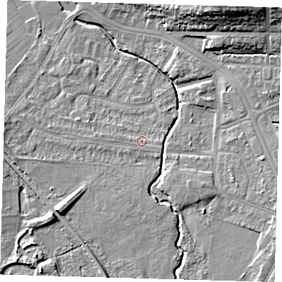 Shaded relief map of the ground around BR14LP, computed from Environment Agency LiDAR. The ground here sits at about 28 m above sea level and falls 19 m across the surrounding 800 m. Surface water reaching this point runs off ground lying to the south, 1.7 m higher.