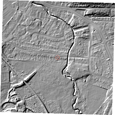 Shaded relief map of the ground around BR14LQ, computed from Environment Agency LiDAR. The ground here sits at about 28 m above sea level and falls 15 m across the surrounding 800 m. Surface water reaching this point runs off ground lying to the south, 1.7 m higher.