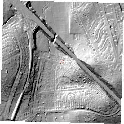 Shaded relief map of the ground around BR15BB, computed from Environment Agency LiDAR. The ground here sits at about 42 m above sea level and falls 35 m across the surrounding 800 m. Surface water reaching this point runs off ground lying to the east-south-east, 18.2 m higher.