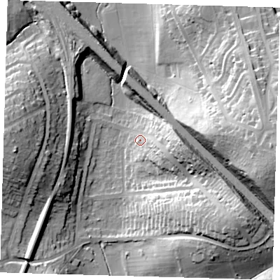 Shaded relief map of the ground around BR15BD, computed from Environment Agency LiDAR. The ground here sits at about 43 m above sea level and falls 35 m across the surrounding 800 m. Surface water reaching this point runs off ground lying to the east, 17.9 m higher.