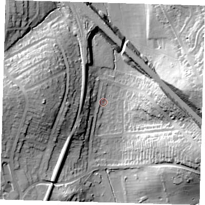 Shaded relief map of the ground around BR15BG, computed from Environment Agency LiDAR. The ground here sits at about 40 m above sea level and falls 30 m across the surrounding 800 m. Surface water reaching this point runs off ground lying to the east-south-east, 26.9 m higher.
