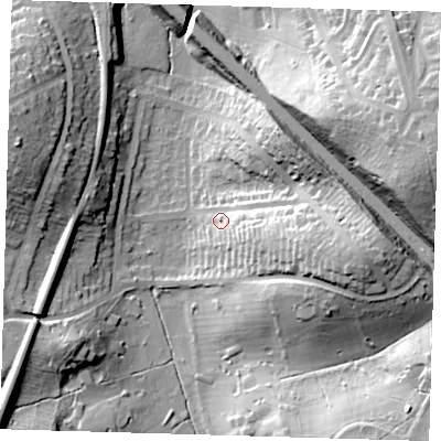 Shaded relief map of the ground around BR15BL, computed from Environment Agency LiDAR. The ground here sits at about 46 m above sea level and falls 34 m across the surrounding 800 m. Surface water reaching this point runs off ground lying to the east-south-east, 22.3 m higher.