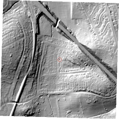 Shaded relief map of the ground around BR15BP, computed from Environment Agency LiDAR. The ground here sits at about 41 m above sea level and falls 34 m across the surrounding 800 m. Surface water reaching this point runs off ground lying to the south-east, 26.2 m higher.