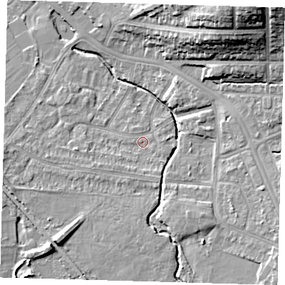 Shaded relief map of the ground around BR15QP, computed from Environment Agency LiDAR. The ground here sits at about 26 m above sea level and falls 25 m across the surrounding 800 m. Surface water reaching this point runs off ground lying to the south-south-east, 1.9 m higher.