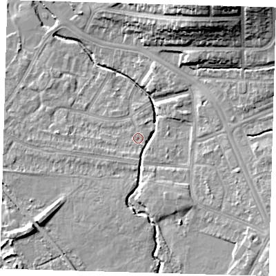 Shaded relief map of the ground around BR15QS, computed from Environment Agency LiDAR. The ground here sits at about 27 m above sea level and falls 23 m across the surrounding 800 m. Surface water reaching this point runs off ground lying to the south-south-east, 0.7 m higher.