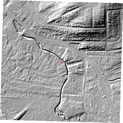 Shaded relief map of the ground around BR15QT, computed from Environment Agency LiDAR. The ground here sits at about 26 m above sea level and falls 27 m across the surrounding 800 m. Surface water reaching this point runs off ground lying to the east-south-east, 8.0 m higher.