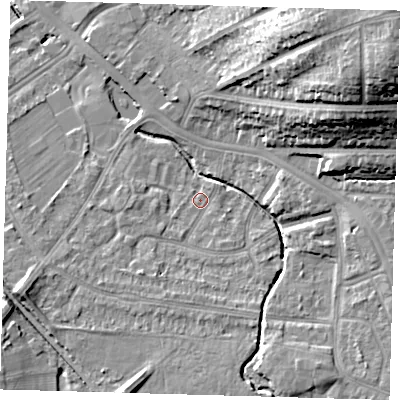 Shaded relief map of the ground around BR15QU, computed from Environment Agency LiDAR. The ground here sits at about 25 m above sea level and falls 28 m across the surrounding 800 m. Surface water reaching this point runs off ground lying to the south-south-west, 5.5 m higher.