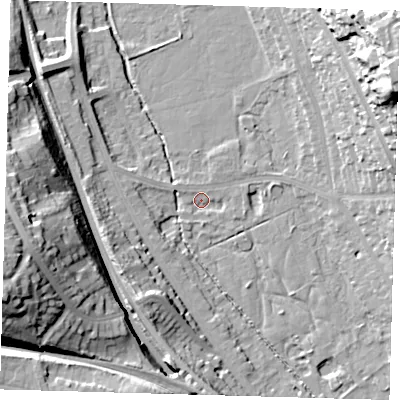 Shaded relief map of the ground around BR20BA, computed from Environment Agency LiDAR. The ground here sits at about 33 m above sea level and falls 39 m across the surrounding 800 m. Surface water reaching this point runs off ground lying to the east, 12.7 m higher.