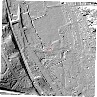 Shaded relief map of the ground around BR20BB, computed from Environment Agency LiDAR. The ground here sits at about 33 m above sea level and falls 40 m across the surrounding 800 m. Surface water reaching this point runs off ground lying to the east, 12.0 m higher.