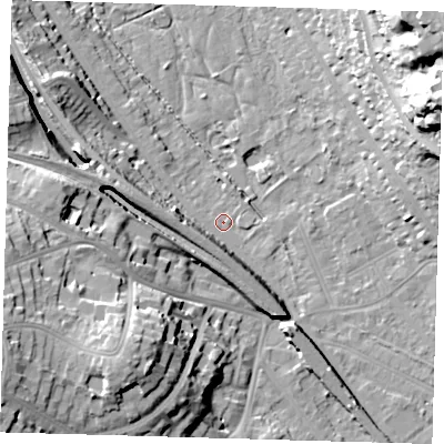 Shaded relief map of the ground around BR20BP, computed from Environment Agency LiDAR. The ground here sits at about 35 m above sea level and falls 36 m across the surrounding 800 m. Surface water reaching this point runs off ground lying to the west-south-west, 26.5 m higher.
