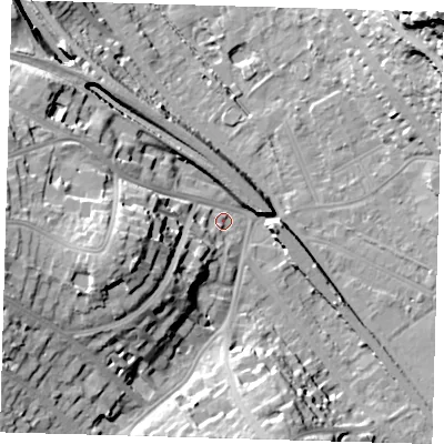 Shaded relief map of the ground around BR20BW, computed from Environment Agency LiDAR. The ground here sits at about 39 m above sea level and falls 35 m across the surrounding 800 m. Surface water reaching this point runs off ground lying to the west-south-west, 22.3 m higher.