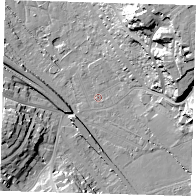 Shaded relief map of the ground around BR20BY, computed from Environment Agency LiDAR. The ground here sits at about 37 m above sea level and falls 39 m across the surrounding 800 m. Surface water reaching this point runs off ground lying to the east-north-east, 32.3 m higher.