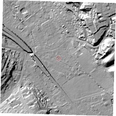 Shaded relief map of the ground around BR20BZ, computed from Environment Agency LiDAR. The ground here sits at about 37 m above sea level and falls 38 m across the surrounding 800 m. Surface water reaching this point runs off ground lying to the east-south-east, 1.5 m higher.
