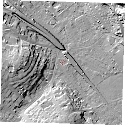 Shaded relief map of the ground around BR20DP, computed from Environment Agency LiDAR. The ground here sits at about 38 m above sea level and falls 34 m across the surrounding 800 m. Surface water reaching this point runs off ground lying to the south, 21.3 m higher.