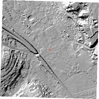 Shaded relief map of the ground around BR20DW, computed from Environment Agency LiDAR. The ground here sits at about 37 m above sea level and falls 39 m across the surrounding 800 m. Surface water reaching this point runs off ground lying to the east-north-east, 31.5 m higher.