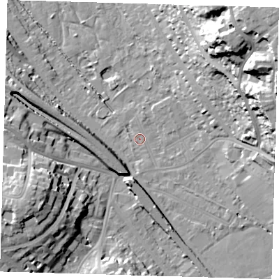 Shaded relief map of the ground around BR20DX, computed from Environment Agency LiDAR. The ground here sits at about 36 m above sea level and falls 39 m across the surrounding 800 m. Surface water reaching this point runs off ground lying to the east-north-east, 30.2 m higher.