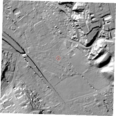 Shaded relief map of the ground around BR20DZ, computed from Environment Agency LiDAR. The ground here sits at about 38 m above sea level and falls 38 m across the surrounding 800 m. Surface water reaching this point runs off ground lying to the east-south-east, 1.5 m higher.