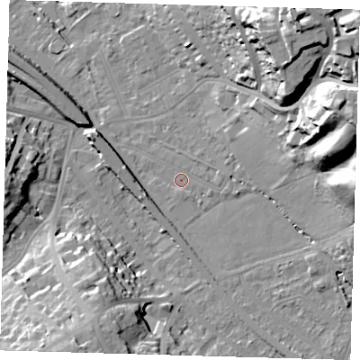 Shaded relief map of the ground around BR20EE, computed from Environment Agency LiDAR. The ground here sits at about 38 m above sea level and falls 38 m across the surrounding 800 m. Surface water reaching this point runs off ground lying to the east-north-east, 31.7 m higher.