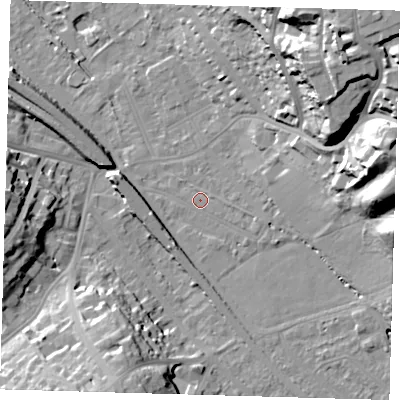 Shaded relief map of the ground around BR20EF, computed from Environment Agency LiDAR. The ground here sits at about 38 m above sea level and falls 38 m across the surrounding 800 m. Surface water reaching this point runs off ground lying to the east-south-east, 1.4 m higher.
