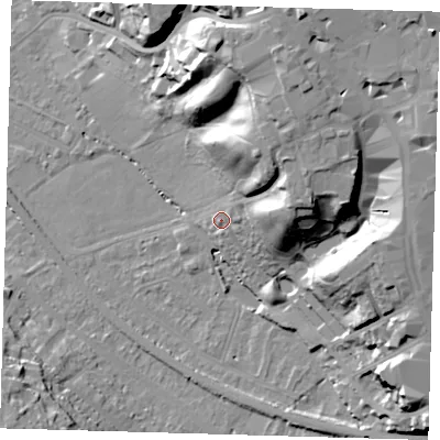Shaded relief map of the ground around BR20EJ, computed from Environment Agency LiDAR. The ground here sits at about 45 m above sea level and falls 34 m across the surrounding 800 m. Surface water reaching this point runs off ground lying to the north-east, 23.1 m higher.