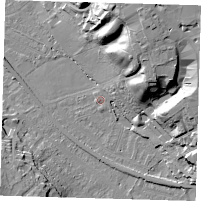 Shaded relief map of the ground around BR20EL, computed from Environment Agency LiDAR. The ground here sits at about 40 m above sea level and falls 33 m across the surrounding 800 m. Surface water reaching this point runs off ground lying to the west-south-west, 1.0 m higher.