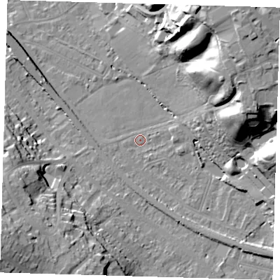Shaded relief map of the ground around BR20ER, computed from Environment Agency LiDAR. The ground here sits at about 39 m above sea level and falls 33 m across the surrounding 800 m. Surface water reaching this point runs off ground lying to the east-north-east, 27.6 m higher.