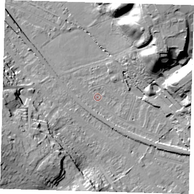 Shaded relief map of the ground around BR20ES, computed from Environment Agency LiDAR. The ground here sits at about 40 m above sea level and falls 31 m across the surrounding 800 m. Surface water reaching this point runs off ground lying to the south-east, 2.5 m higher.