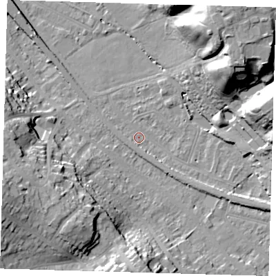 Shaded relief map of the ground around BR20ET, computed from Environment Agency LiDAR. The ground here sits at about 40 m above sea level and falls 31 m across the surrounding 800 m. Surface water reaching this point runs off ground lying to the south-east, 2.5 m higher.