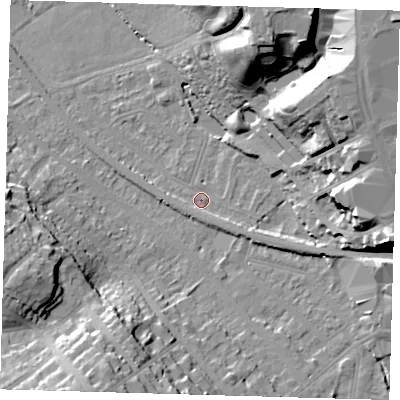 Shaded relief map of the ground around BR20EU, computed from Environment Agency LiDAR. The ground here sits at about 41 m above sea level and falls 29 m across the surrounding 800 m. Surface water reaching this point runs off ground lying to the south-east, 2.8 m higher.