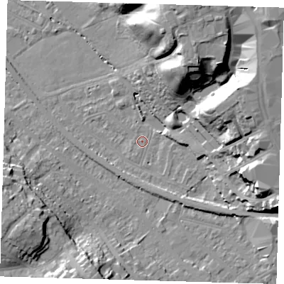 Shaded relief map of the ground around BR20EX, computed from Environment Agency LiDAR. The ground here sits at about 40 m above sea level and falls 31 m across the surrounding 800 m. Surface water reaching this point runs off ground lying to the south-east, 3.1 m higher.