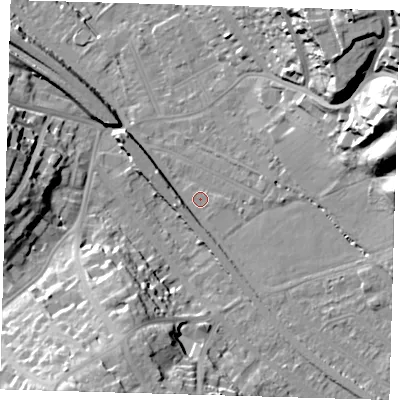 Shaded relief map of the ground around BR20EY, computed from Environment Agency LiDAR. The ground here sits at about 38 m above sea level and falls 37 m across the surrounding 800 m. Surface water reaching this point runs off ground lying to the east-north-east, 30.7 m higher.