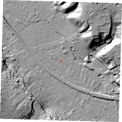 Shaded relief map of the ground around BR20HA, computed from Environment Agency LiDAR. The ground here sits at about 40 m above sea level and falls 32 m across the surrounding 800 m. Surface water reaching this point runs off ground lying to the south-south-east, 1.4 m higher.