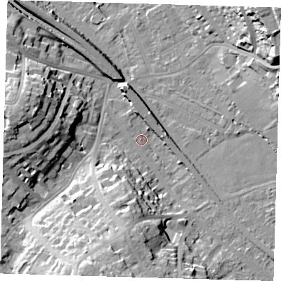 Shaded relief map of the ground around BR20HB, computed from Environment Agency LiDAR. The ground here sits at about 39 m above sea level and falls 35 m across the surrounding 800 m. Surface water reaching this point runs off ground lying to the south-south-west, 27.4 m higher.