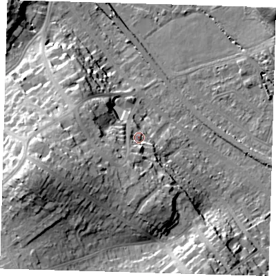 Shaded relief map of the ground around BR20HT, computed from Environment Agency LiDAR. The ground here sits at about 49 m above sea level and falls 32 m across the surrounding 800 m. Surface water reaching this point runs off ground lying to the south-west, 13.4 m higher.
