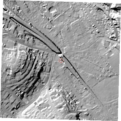 Shaded relief map of the ground around BR20JA, computed from Environment Agency LiDAR. The ground here sits at about 38 m above sea level and falls 36 m across the surrounding 800 m. Surface water reaching this point runs off ground lying to the south, 20.1 m higher.