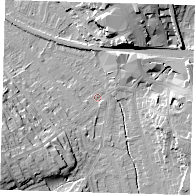 Shaded relief map of the ground around BR20QL, computed from Environment Agency LiDAR. The ground here sits at about 43 m above sea level and falls 24 m across the surrounding 800 m. Surface water reaching this point runs off ground lying to the south-west, 21.1 m higher.