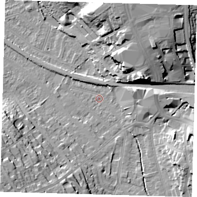 Shaded relief map of the ground around BR20QN, computed from Environment Agency LiDAR. The ground here sits at about 42 m above sea level and falls 27 m across the surrounding 800 m. Surface water reaching this point runs off ground lying to the east, 8.6 m higher.