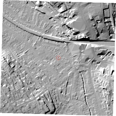 Shaded relief map of the ground around BR20QP, computed from Environment Agency LiDAR. The ground here sits at about 42 m above sea level and falls 27 m across the surrounding 800 m. Surface water reaching this point runs off ground lying to the south-west, 21.1 m higher.