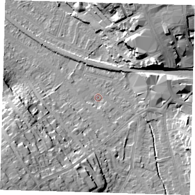 Shaded relief map of the ground around BR20QR, computed from Environment Agency LiDAR. The ground here sits at about 42 m above sea level and falls 29 m across the surrounding 800 m. Surface water reaching this point runs off ground lying to the south-west, 21.1 m higher.
