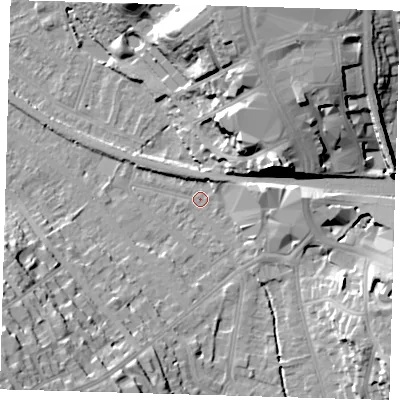 Shaded relief map of the ground around BR20QW, computed from Environment Agency LiDAR. The ground here sits at about 42 m above sea level and falls 26 m across the surrounding 800 m. Surface water reaching this point runs off ground lying to the east, 8.6 m higher.